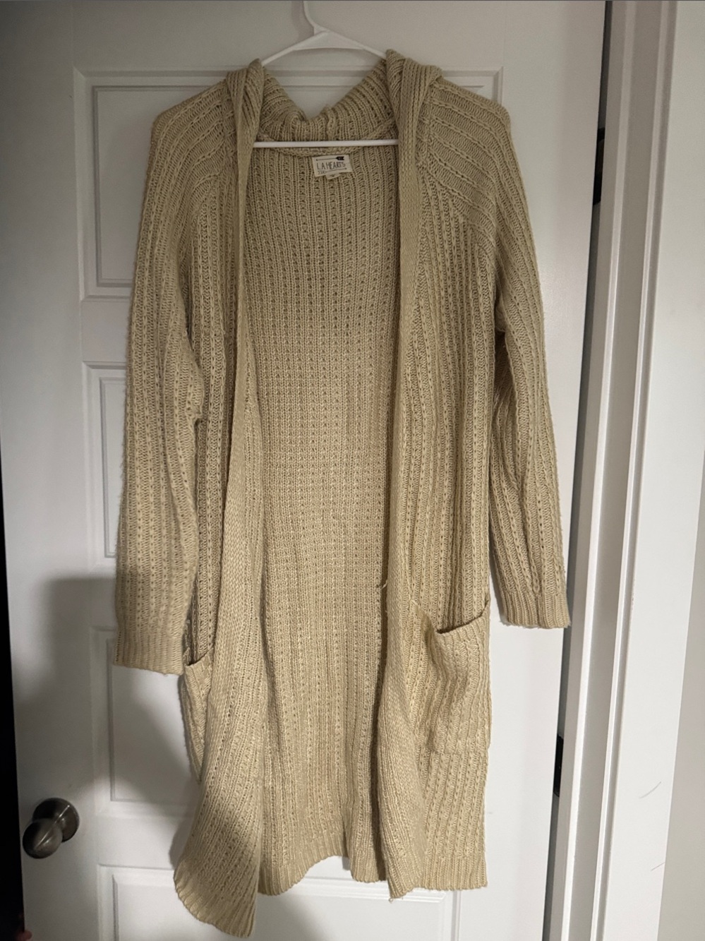 La Hearts Cream Ribbed Hooded Open-Front Cardigan